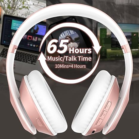 Wireless Bluetooth Headphones Over Ear 65H Playtime HiFi Stereo Headset with Microphone and 6EQ Modes Foldable Bluetooth V5.3 Headphones for Travel Smartphone Computer Laptop Rose Gold - Image 2