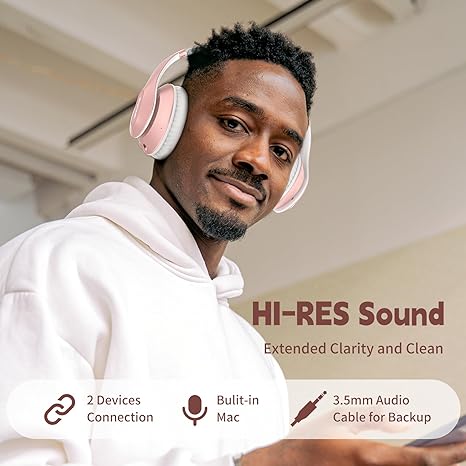 Wireless Bluetooth Headphones Over Ear 65H Playtime HiFi Stereo Headset with Microphone and 6EQ Modes Foldable Bluetooth V5.3 Headphones for Travel Smartphone Computer Laptop Rose Gold - Image 3